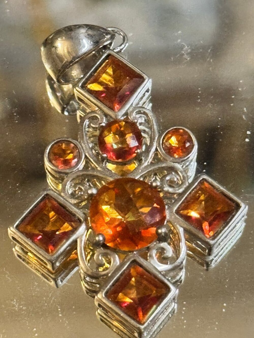 Sterling Silver 925 Sunset Topaz Filigree Cross Pendant